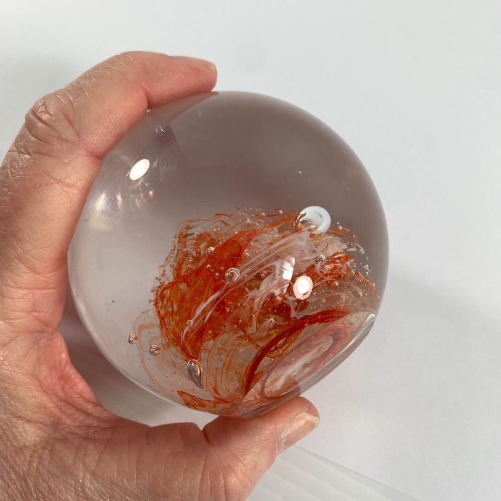 Round Art Glass Paperweight Clear Orange White Swirl Ball Bubbles 10" Around - Picture 6 of 9